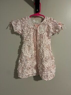 Girls' Blush Pink Rosette Dress with Lace Accent